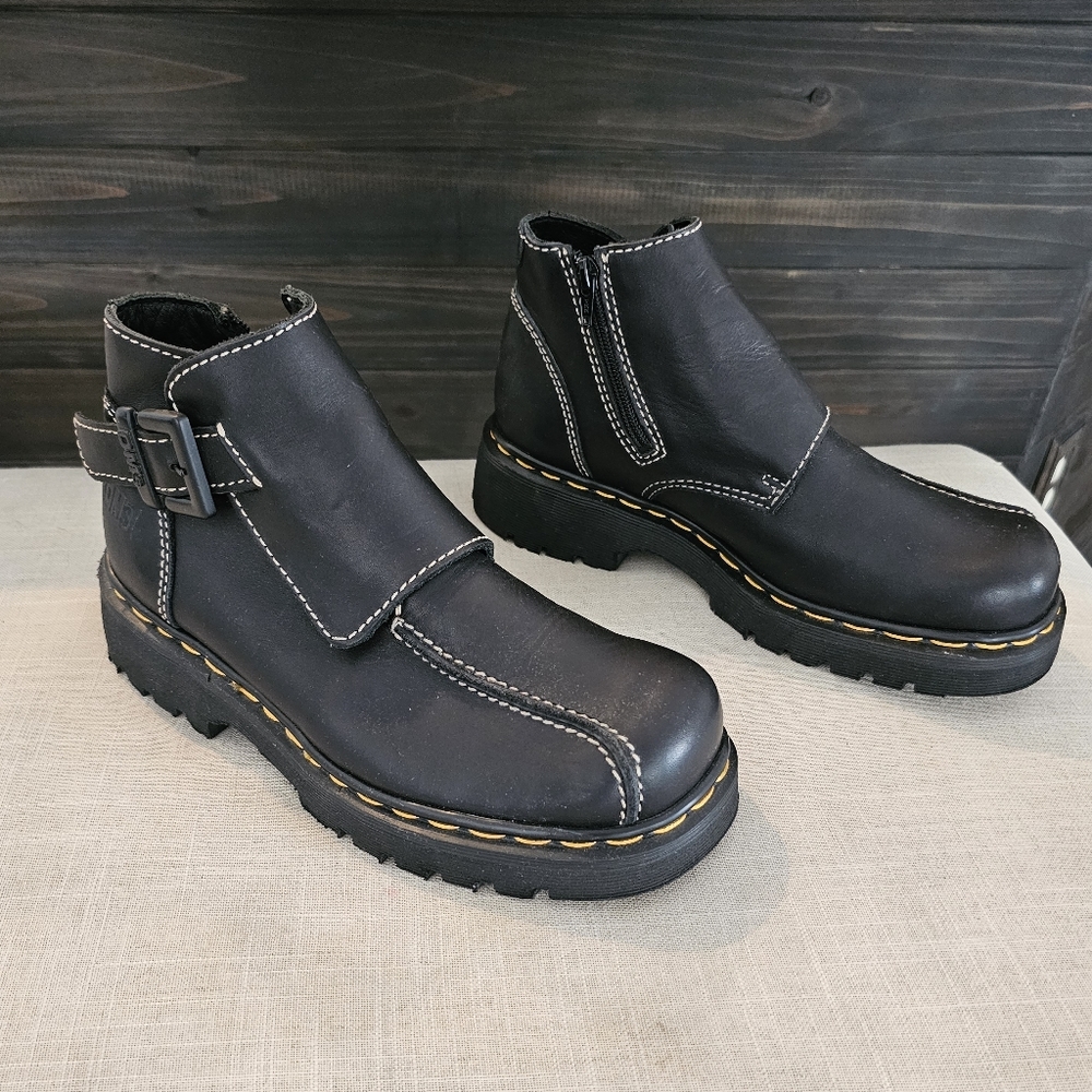 Rare Vintage 90's Dr. Marten Black Ankle Boots w/ Side Zip & Buckle UK Size 7
